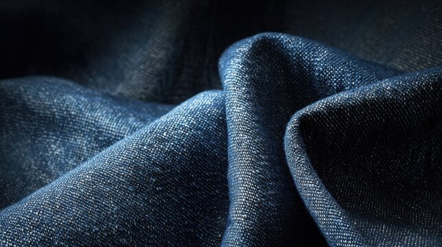 Close-up of textured blue denim fabric showcasing its intricate woven pattern with rich details and natural folds.
