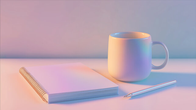 Cloud Dancer Minimalist Workspace with Blank Spiral Notebook, White Mug, and Pen under Soft Pastel Lighting Colour of the Year 2026