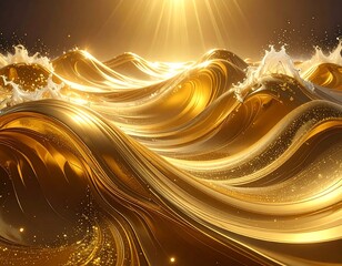 Golden waves with luminous light rays breaking over crests