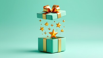 Surprise Teal Gift Box Opening with Exploding Golden Stars and Magic