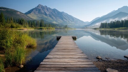Fototapeta premium Serene lakeside scene with clear reflections,