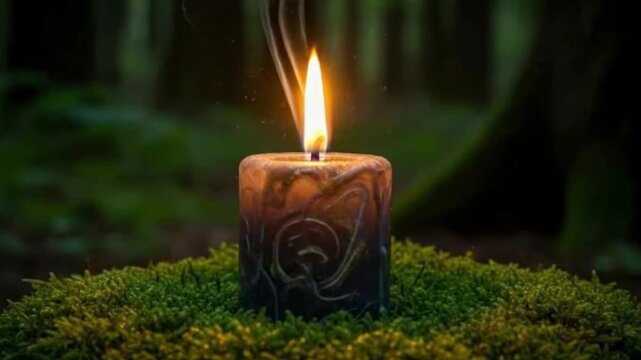 A beautifully crafted, textured candle flickers with a warm, steady flame, emitting gentle wisps of smoke against a deeply blurred, verdant forest background. The candle rests serenely on a vibrant be