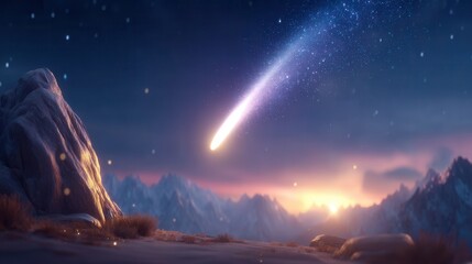 A bright meteor streaks across a starry night sky above a snowy mountain landscape at sunset