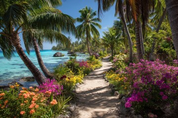 Fototapeta premium Tropical paradise pathway lined with vibrant flowers and palm trees leading to turquoise ocean water