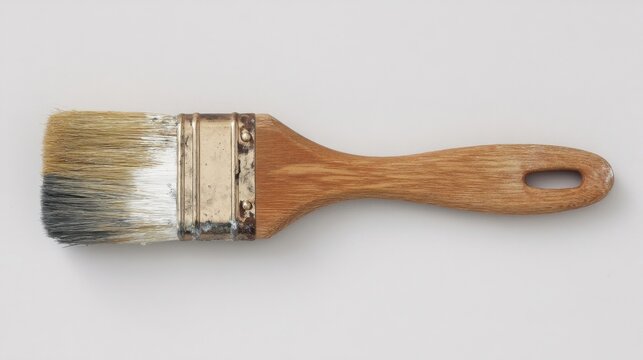 A paintbrush with a wooden handle and natural colored bristles features a rounded end with a small hole for hanging stor