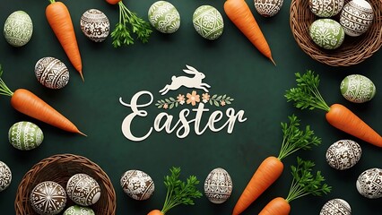 Easter sunday  easter themed flat lay with carrots, decorated eggs, easter bunny and easter text on green background