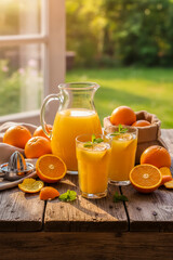 Freshly squeezed orange juice in a pitcher and glasses on a rustic wooden table outdoors. A healthy, refreshing citrus drink, garnished with mint, perfect for a sunny summer morning.