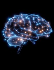 Fototapeta premium A glowing digital representation of a human brain, interconnected with stars and lines, symbolizing intelligence and neural networks.
