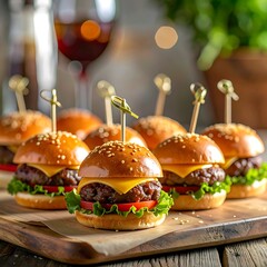 Mini burgers are stacked on a wooden board with wine and greenery in the background