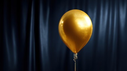 A single golden balloon floating upright against dark velvet backdrop tied with silver ribbon spotlight highlighting sharp reflective