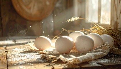 Close-up of eggs on a rustic table with hay, light, and bokeh