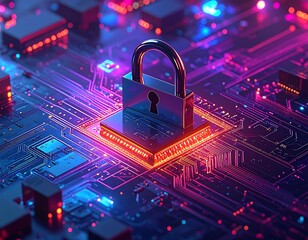 Digital padlock on a circuit board, vibrant neon colors and detail