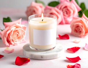 Lit candle with blank label, roses, and scattered petals