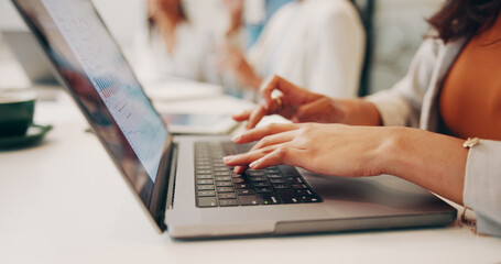 Typing, online and hands with laptop screen, coworking and ad performance review on website or graph. Office, brand specialist and person with tech for digital marketing, stats and data analysis