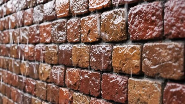 A captivating close-up of a rustic brick wall, showcasing the intricate texture and varying earthy tones of the individual bricks, ranging from deep reds to warm browns. Water gracefully falls and dri