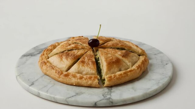 Freshly baked round puff pastry pie or galette cut into slices on a white marble platter. Golden brown crust with decorative scoring and a cherry topping isolated on a white background.