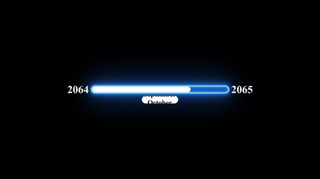 2064 to 2065 loading animation with January 2064 to January 2065 time line on black background, year progress transition, calendar time loading bar, new year change concept