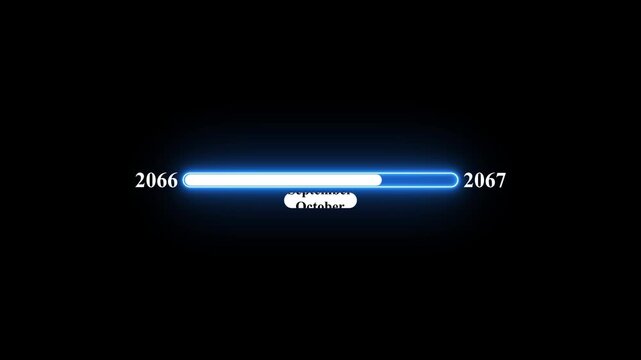 2066 to 2067 loading animation with January 2066 to January 2067 time line on black background, year progress transition, calendar time loading bar, new year change concept