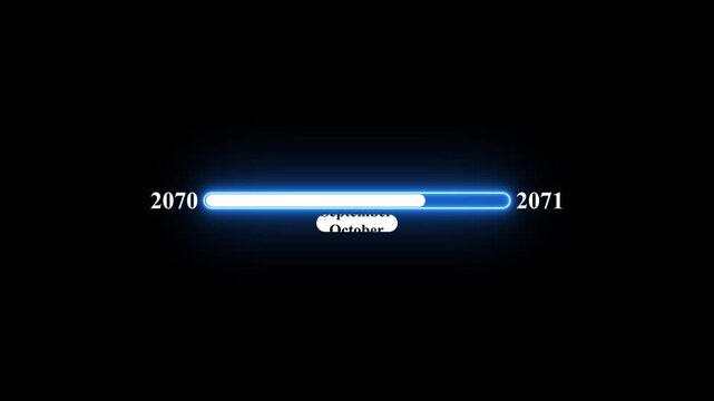2070 to 2071 loading animation with January 2070 to January 2071 time line on black background, year progress transition, calendar time loading bar, new year change concept