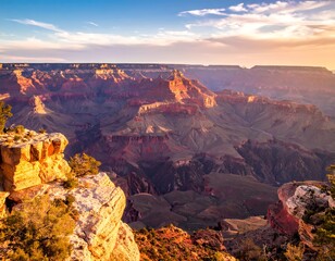 Expansive view of a deep canyon with vibrant sunset colors
