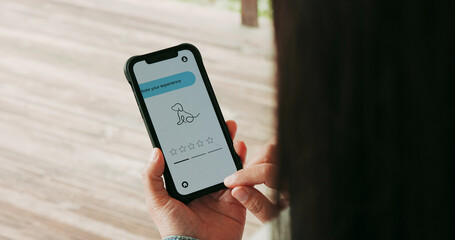 Home, review and woman with smartphone screen, internet and web browsing with pet insurance service. Animal care cellphone or person with choice, options and notification with feedback or digital app