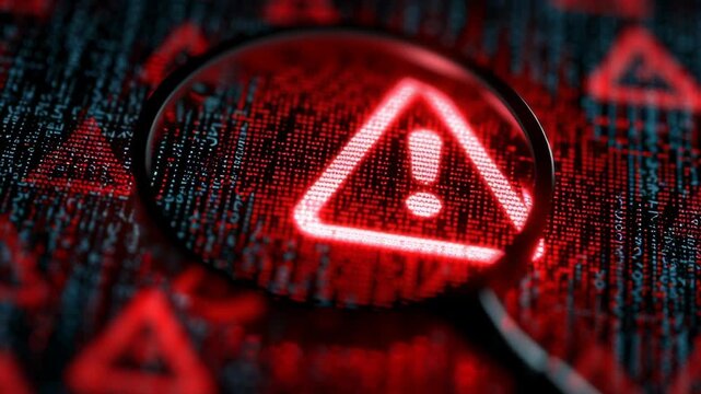 Magnifying glass showing digital screen concept. A close-up of a warning symbol illuminated in red against a backdrop of digital code.