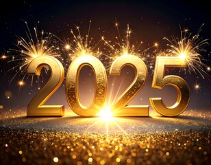Golden year numerals 2025 sparkle against dark backdrop