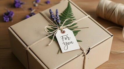 Beautifully wrapped gift box with tag and flowers