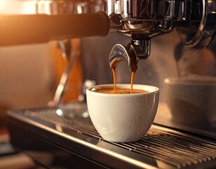 Close-up of espresso machine pouring coffee into a white cup (3)