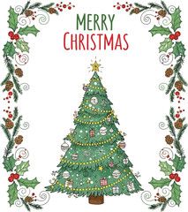 Merry Christmas greeting card Set. Beautiful Xmas design in trendy hand drawn style with frame, decorated Christmas tree.