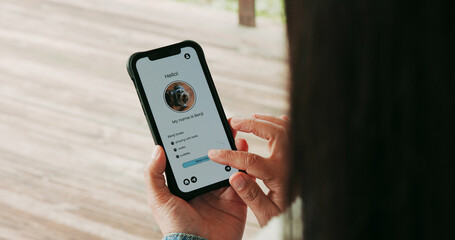 Dog adoption, hands and phone screen with person scrolling website to search for rescue animal. App, foster and pet care with woman outdoor, browsing puppy profile for ownership connection or match