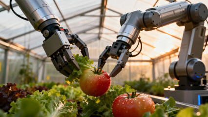 Robotic arms picking fresh tomatoes in a modern greenhouse