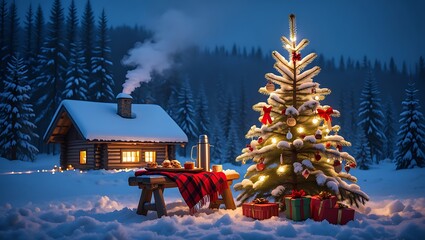 Cozy Snowy Cabin and Lit Christmas Tree in a Winter Forest Wonderland at Night
