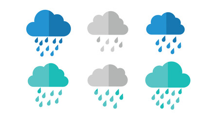A colorful vector set of six flat-style rain cloud icons with raindrops in various shades of blue and gray, representing weather, season, and atmospheric phenomena concepts