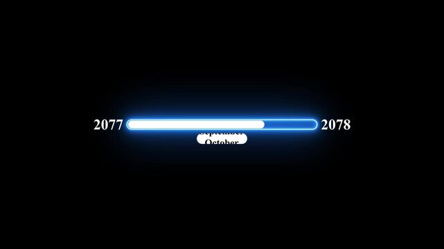 2077 to 2078 loading animation with January 2077 to January 2078 time line on black background, year progress transition, calendar time loading bar, new year change concept