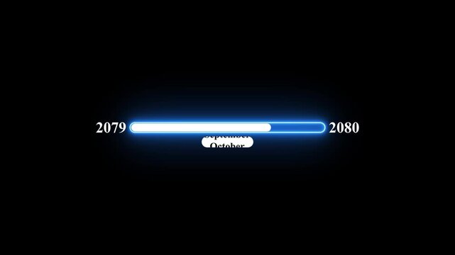 2079 to 2080 loading animation with January 2079 to January 2080 time line on black background, year progress transition, calendar time loading bar, new year change concept