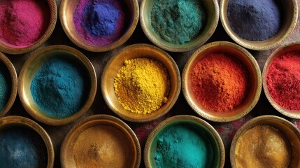 Overhead shot of brass bowls filled with colorful powders in neat circular arrangement Subtle shadowing enhances depth between