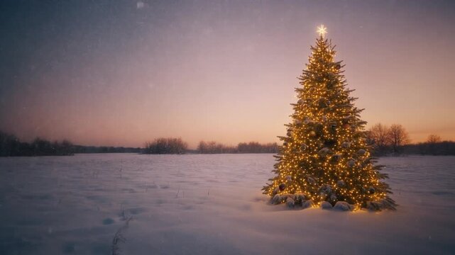 A wide cinematic shot of a beautifully decorated Christmas tree standing in an open snowy field at dusk, gentle snowfall drifting down, soft pastel sky gradients, warm golden fairy lights glowing on t