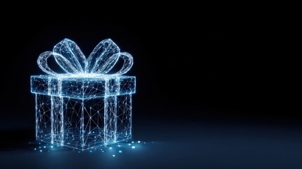 An ethereal, low-poly rendering of a glowing gift box radiates an aura of enchantment and anticipation against a dark backdrop. ..Created with Generative AI, not depicting real subjects.