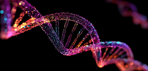 Abstract glowing DNA double helix composed of colorful particles, genetic science, digital biology, dark background