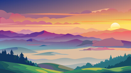 Mountain landscape illustration at sunrise
