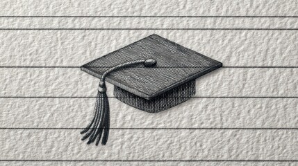Overhead view of graduation cap centered on a lined notebook page tassel angled diagonally across lines Sharp textures