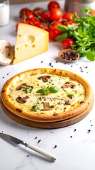 Overhead shot of a gourmet mushroom and cheese pizza with ingredients