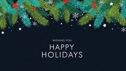 Naklejka premium Title: Happy Holidays Greeting with Evergreen Branches and Snowflakes – Transparent Background