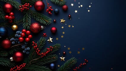 Elegant Christmas Border with Pine Boughs, Ornaments, and Gold Stars on Navy Blue Background
