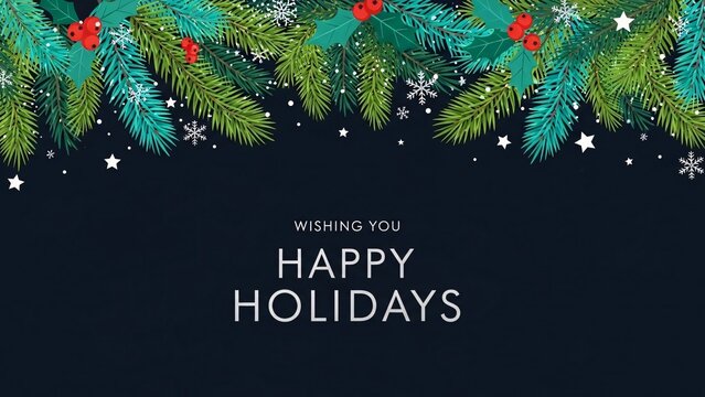 Title: Happy Holidays Greeting with Evergreen Branches and Snowflakes – Transparent Background - Powered by Adobe