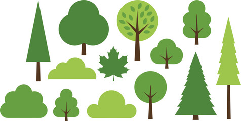 Flat Design Forest and Park Trees Vector Illustration Set: Diverse Collection of Simple Green Icons Including Deciduous, Coniferous, and Maple Shapes for Eco, Nature, or Environment Projects © Aminul
