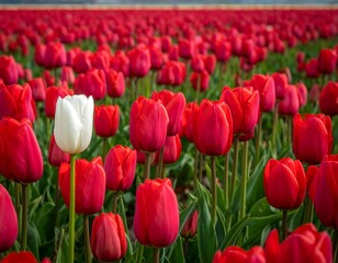 A singular white bloom stands amidst a sea of vibrant red tulips