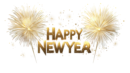Symmetrical golden fireworks illuminating elegant "Happy New Year" message on transparent background