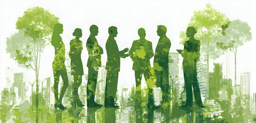 Business professionals in silhouette against a cityscape and nature, symbolizing eco-friendly business and sustainability